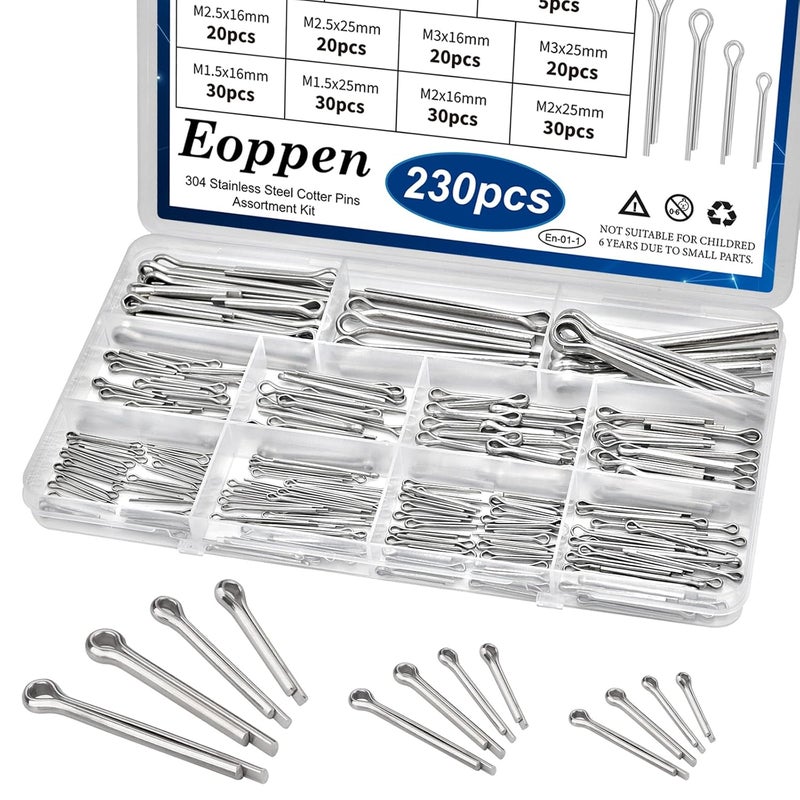 Eoppen 230Pcs Cotter Pin Assortment Kit - 304 Stainless Steel 12 Sizes Cotter Pin Set for Hitch Pin Lock Systems - Image 1